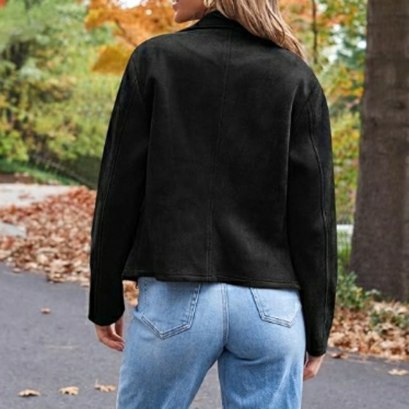 Women Faux Leather Cropped Open Front Coat Cardigan Style Jacket Black - Picture 4 of 6